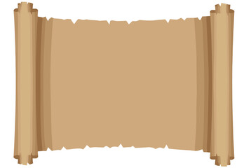 Fototapeta premium Blank antique paper scroll or rustic vintage parchment roll opened wide, isolated on a clean white background.