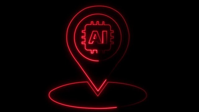 glowing neon Map pin location pointer with an AI microchip icon inside, representing local artificial intelligence, tech hub, or GPS tracking navigation data. 4k video