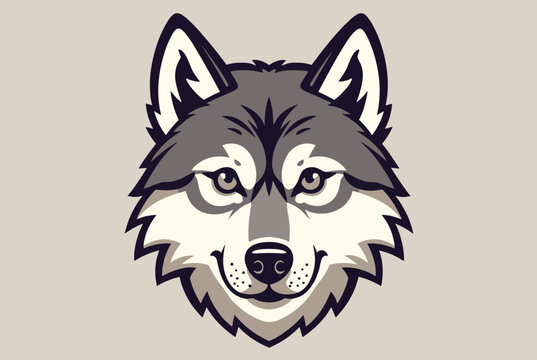 Cool vector portrait of a wolf head with gray and white fur, looking straight forward on a solid background.