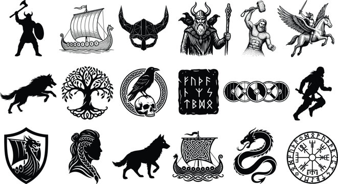 Norse Mythology and Viking Silhouette Vector Set with Gods Warriors Ships Runes and Symbols