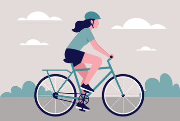 Fototapeta premium Sporty young woman happily riding a bicycle on a road with green trees and soft clouds in flat vector style.