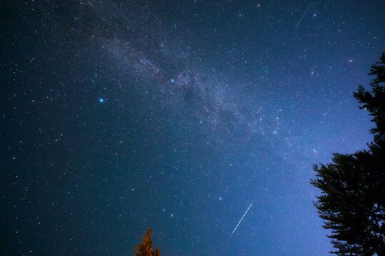 Summer Milky Way stars and landscape scenery silhouettes.