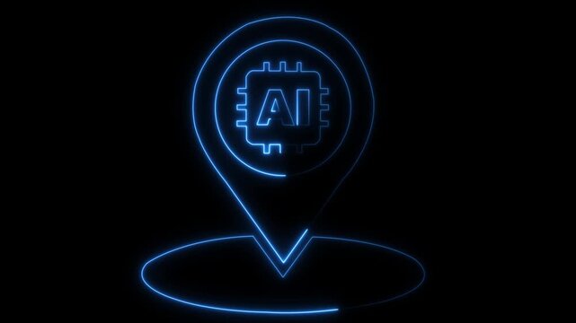 glowing neon Map pin location pointer with an AI microchip icon inside, representing local artificial intelligence, tech hub, or GPS tracking navigation data. 4k video
