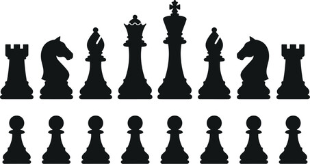 Black Chess Piece Silhouette Vector Set Featuring King, Queen, Rook, Bishop, Knight, and Pawns for Strategic Business, Gaming, and Competition Graphic Designs © Siddika