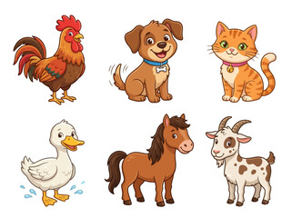 Fototapeta premium Farmyard animals set includes a rooster, dog, cat, duck, horse, and goat in a cheerful cartoon style.