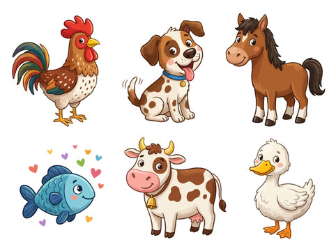 Animals and fish collection displays a rooster, dog, horse, fish, cow, and duck for kids.