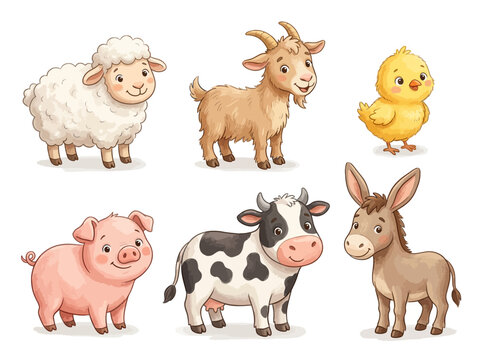 Domestic animals group features a sheep, goat, chick, pig, cow, and donkey in a cute artistic style.