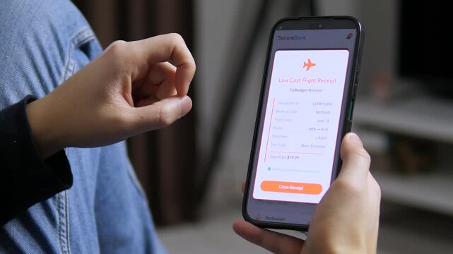 Close-up of a mobile screen displaying a detailed Low Cost Flight Receipt. Hand tapping close after confirming passenger and fare type details. Perfect for e-ticketing, travel expense tracking, and