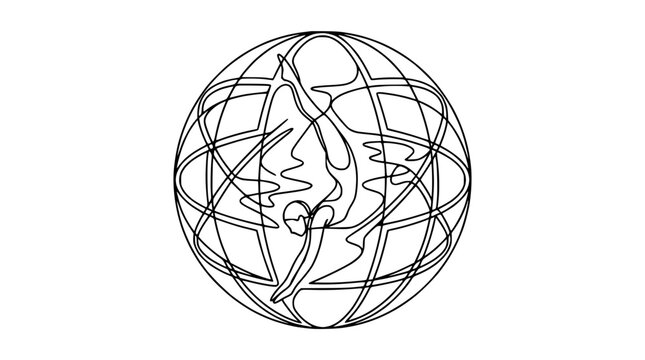 Abstract continuous line drawing of a globe with flame inside, minimalist artistic concept