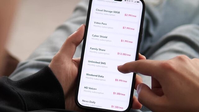 User scrolling through a list of monthly add-ons, selecting Unlimited SMS for 2.50 dollars month. Tapping to confirm the service addition. Ideal for mobile plan customization, telecom UX, and