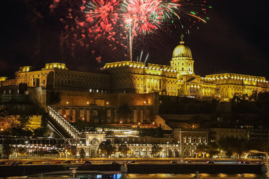 Fireworks on Castle Hill, above Buda Castle (Budavari Palota) Buda side of Budapest, Hungary, overlooking the Danube. The castle is a blend of styles, Medieval, Baroque, Baroque-Revival, Art Nouveau.