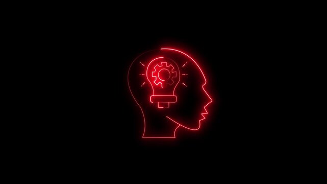 Neon red outline of a human head profile with a glowing light bulb and gear symbol inside, representing innovation, creativity, and mechanical thinking on a black background.