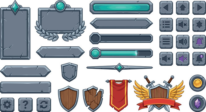 Fantasy Stone Game User Interface Kit with Menu Frames, Progress Bars, Shield Badges, Swords, and Textured Buttons for RPG and Strategy Mobile App Designs