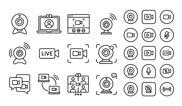 Black line icons for video conferencing live streaming and online communication tools