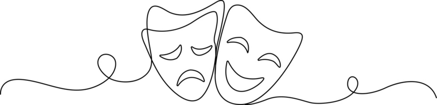Continuous line drawing Theater masks, comedy and tragedy faces, drama symbols, emoticon characters