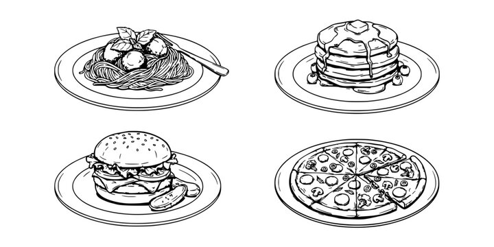 Plates of Food Arranged in a 2x2 Grid Icon Set with Spaghetti, Pancakes, Burger, and Pizza Featuring Plate, Meal, Pasta