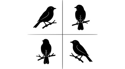 Fototapeta premium Bird Silhouettes in Four Different Poses on a Cross Grid, Minimalist Black Icons for Design and Nature Themes