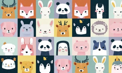 Fototapeta premium Cute animal faces in colorful squares