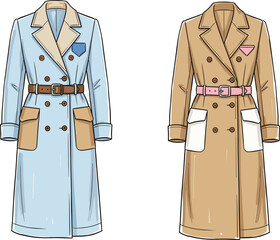 Fashion illustration of elegant women double breasted trench coats with belts isolated on a white background © Mucha