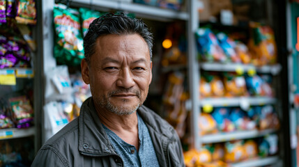 Fototapeta premium First generation immigrant father in his fifties standing inside a small family grocery store he built from nothing, surveying shelves stocked with imported goods from his homeland, pride and sacrif