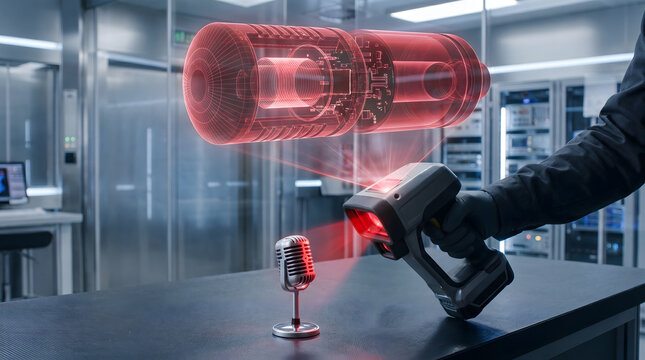 Hand operating 3d scanner on microphone in laboratory