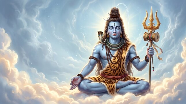 Lord Shiva meditating in clouds with golden trishul trident and holy ganga river
