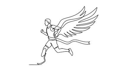 Obraz premium Paralympic runner with wings crossing finish line, single line drawing