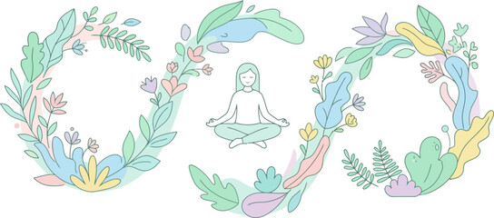 Naklejka premium Relax Healthcare & Wellness with Nature Plants – Simple Flat Vector Illustration of Healthy Lifestyle, Mental Wellbeing, Self Care and Natural Healing