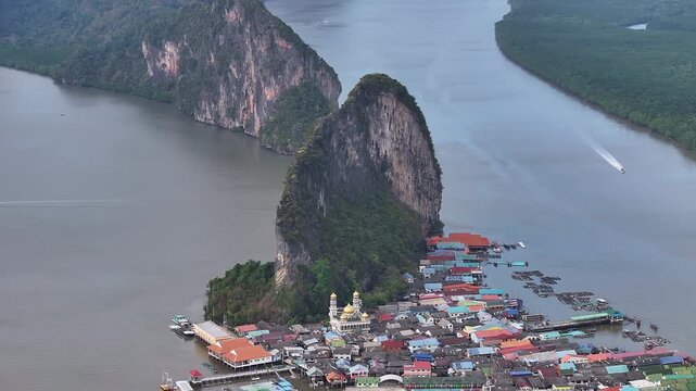 Aerial view of ko panyi floating fishing village in thailand