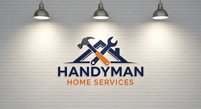 3D Handyman Home Services logo illuminated on white brick wall