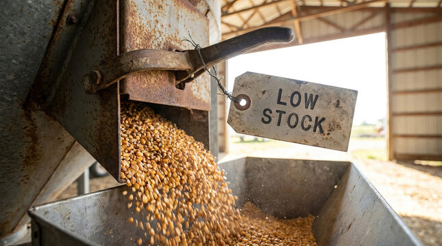 Low stock sign on grain supply container with corn kernels pouring out showing food supply disruption in agricultural storage facility