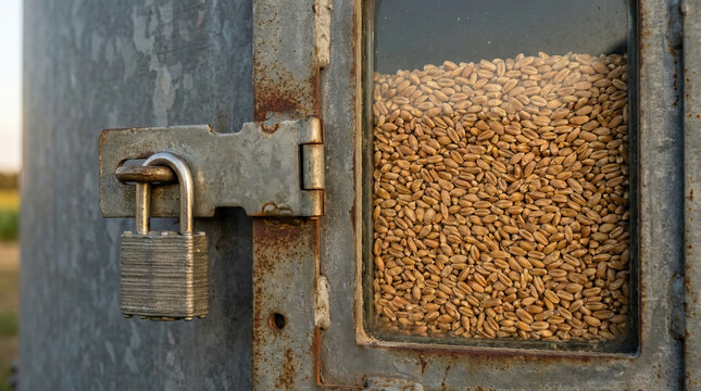 Grain Seed Storage Metal Lock Agriculture Food Ecosystem Resilient Climate Wheat Harvest Farm Container Protection Security Closeup Natural Organic Dry Healthy Nutrition Crop Field Rural Supply