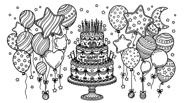 Birthday Cake Illustration with Candles, Balloons, Confetti, and Party Hats, Line Art Style for Celebration Concept
