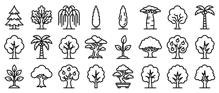 Diverse Tree Sketches Collection Showcasing Various Shapes.