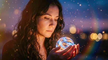Naklejka premium Woman holding glowing crystal ball at night.