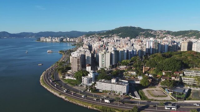 High Angle Aerial Shot of Florianopolis Beira Mar Norte Cityscape with Skyscrapers Public Park and Ocean Bay