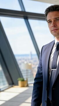 Vertical video: Reaching man adjusting navy suit and tie, prepping to speak in office, copy space
