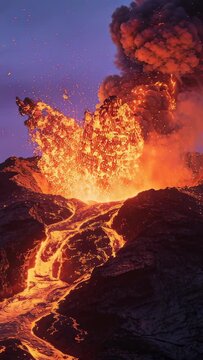 Vertical video: Erupting vent glow rising hurling ash at crater as lava running magma forcing plume