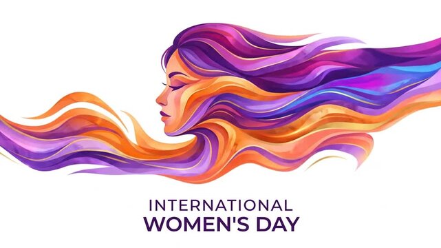 International Women's Day banner with stylized woman and flowing rainbow hair.