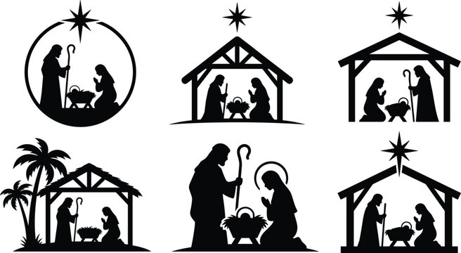 Set of six nativity scene silhouette vector illustrations with holy family, manger, and star of Bethlehem for Christmas artwork