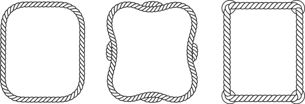 Vintage rope frame set isolated on white background, rustic vector collection featuring decorative rope borders and classic nautical elements for labels, badges and branding designs.