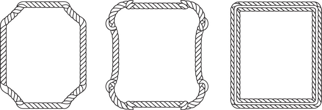 Vintage rope frame set isolated on white background, handcrafted western style vector ornaments for logos, invitations, packaging, posters and traditional decorative projects.