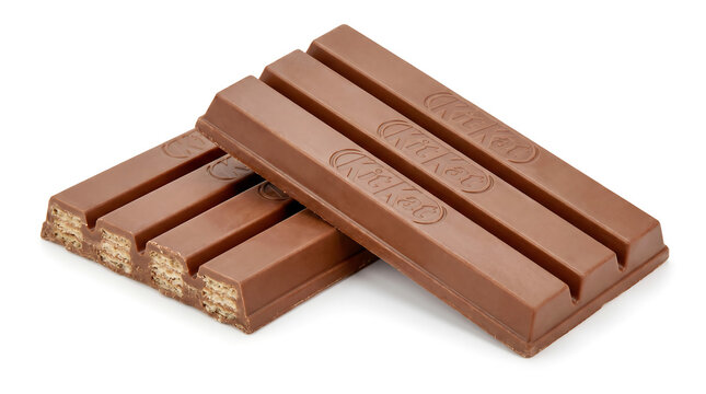 Kit kat chocolate bars stacked on white background confectionery product shot
