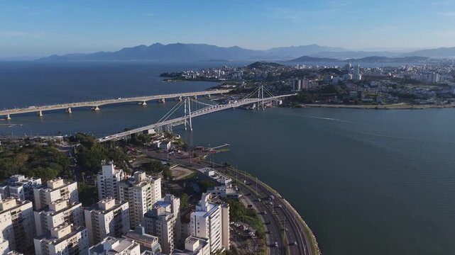 Aerial Panorama of Hercilio Luz Bridge and Colombo Salles Bridge over the Sea under Blue Sky in Florianopolis Santa Catarina