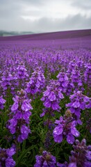 Fototapeta premium Vast Field of Purple Flowers Under a Cloudy Sky.