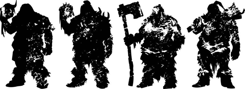 Silhouettes of four fantasy orc warriors holding weapons and in battle poses