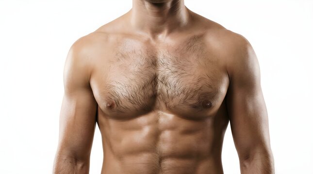 Athletic male torso showing muscular hairy chest and defined six pack abs isolated on white background