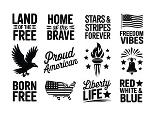 American patriotic symbols and phrases on white background  freedom and pride concepts © Md