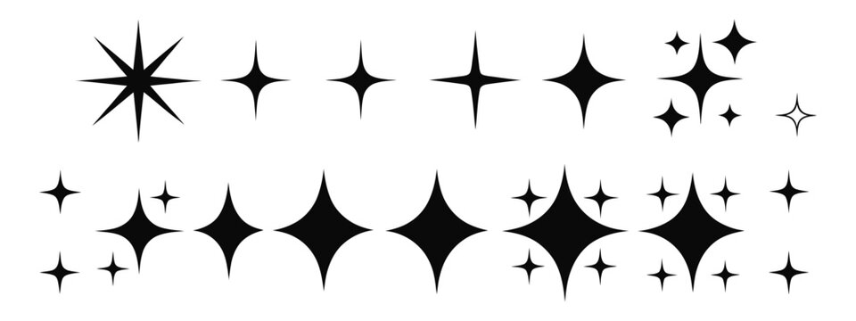 Sparkle star icon set, simple star burst symbols, shimmering four pointed star icons, shiny flash and glow effects, transparent PNG and vector illustration EPS10 design.