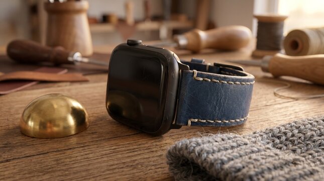 A detailed 3D render of a luxury smartwatch resting on a textured surface, designed with an explicit focus on materials